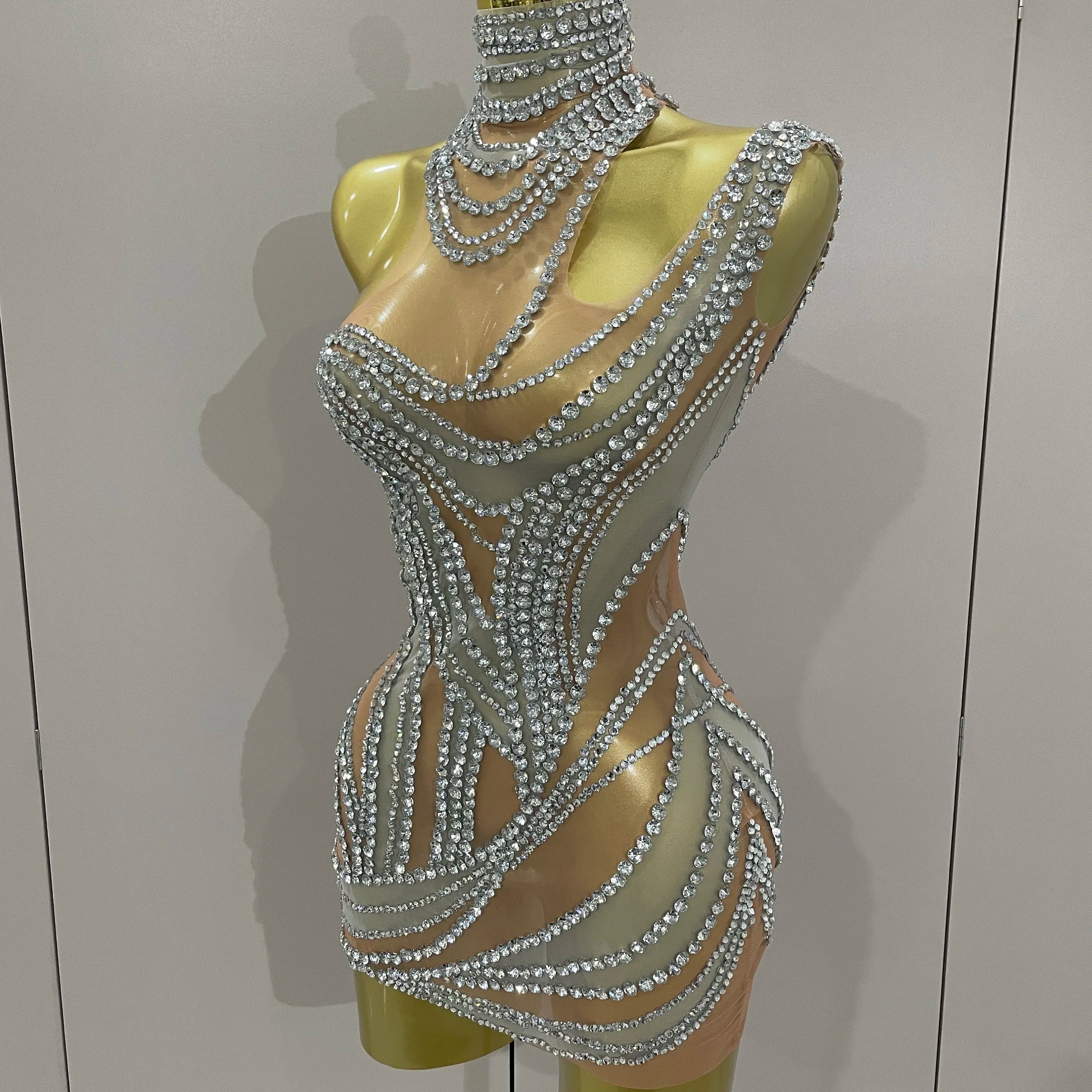 Luxury Sparkly Crystals See Through Mini Dress 2025Women Celebrate Birthday Party Gowns Singer Performance Stretch Stage Costume