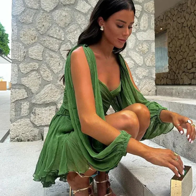 Chiffon Green Ruffles Mini Dresses Women Elegant Long Sleeve A Line Beach Robe Fashion Lady Ruffles Holiday Summer Party Vestido