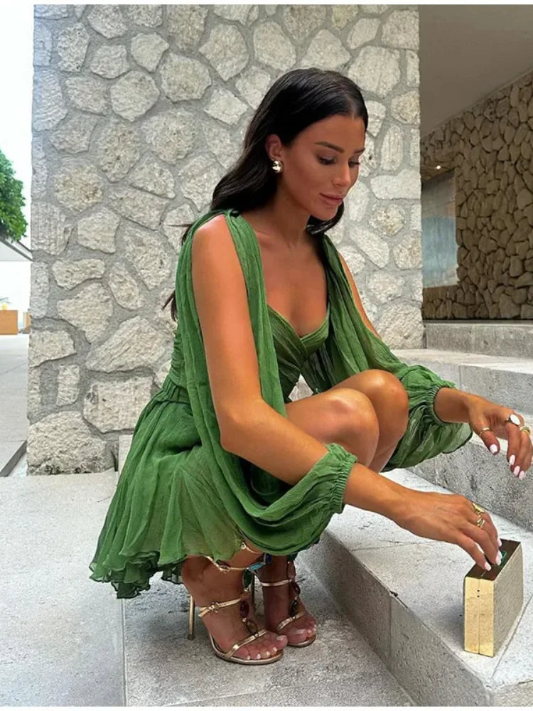 Chiffon Green Ruffles Mini Dresses Women Elegant Long Sleeve A Line Beach Robe Fashion Lady Ruffles Holiday Summer Party Vestido