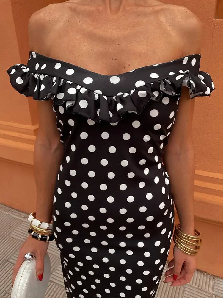 Elegant Polka Dot Print Ruffles Maxi Dress Women Fashion Strapless Slash Neck Backless Vestidos Lady Party Club Sexy Robes