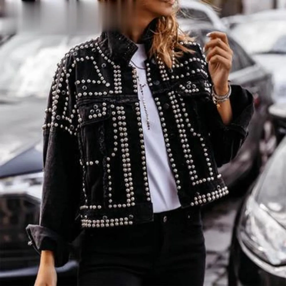 Women Outwear Studded Denim Jacket 2022 Spring Autumn Lapel Loose Single Breasted Buckle Casual Short Jeans Coats