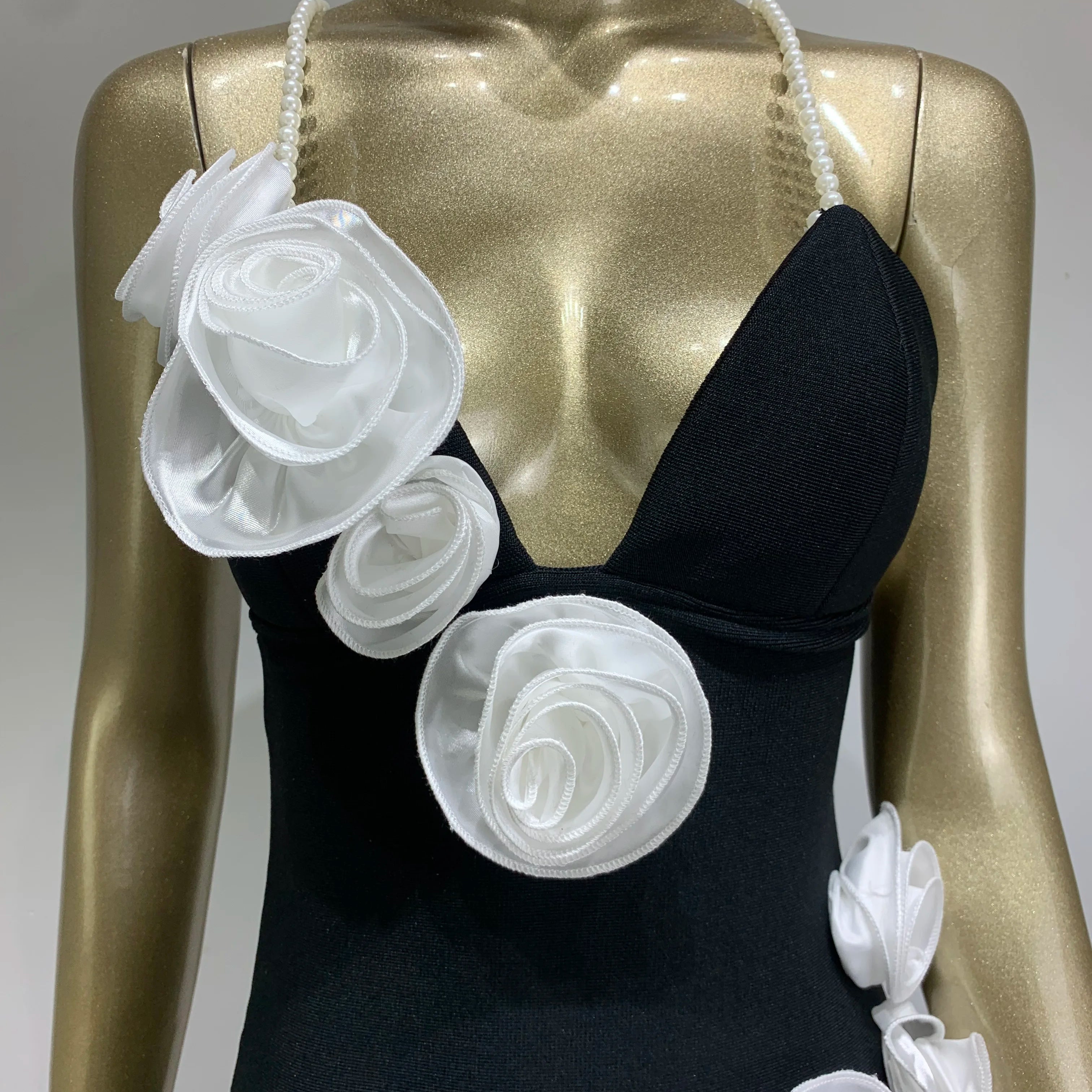 Women Celebrity Sexy Backless Pearl Black Flower Patchwork Maxi Long Bodycon Bandage Dress 2024 Elegant Evening Club Party Dress