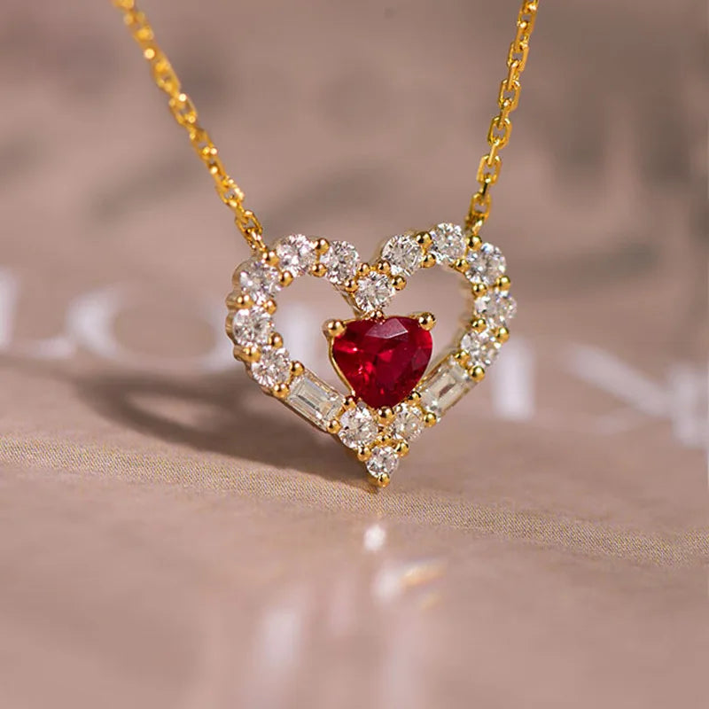 S925 Sterling Silver Double Heart Cupid Ruby Love Pendant Light Luxury Necklace