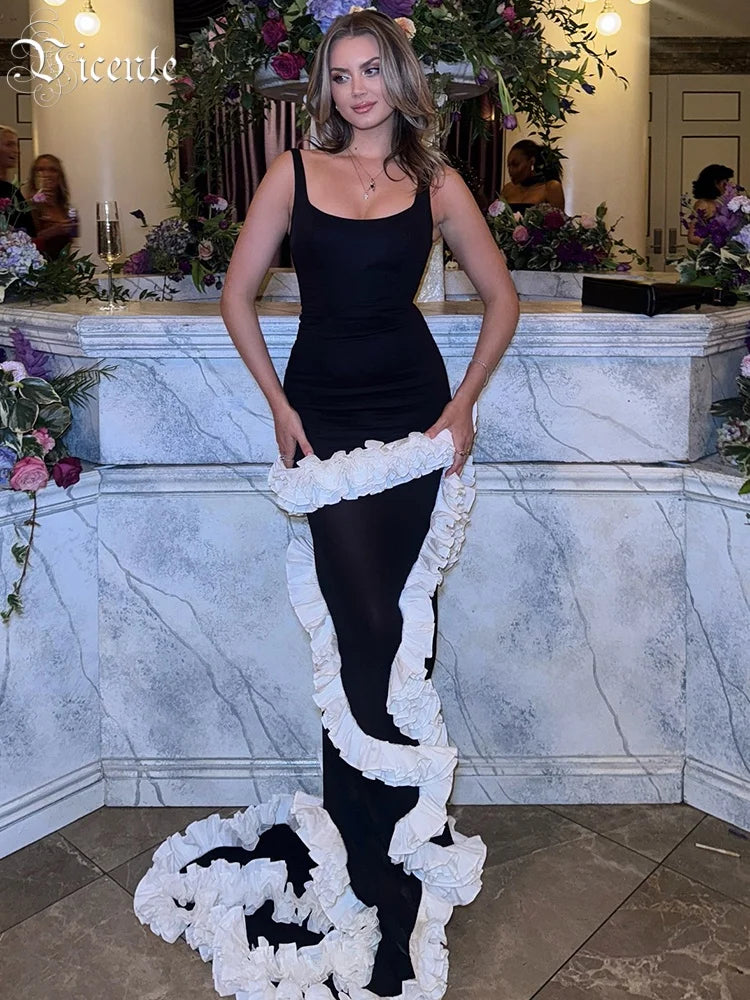 Artistic Black & White Strappy Dress Gown Ruffled Detailing for Creative Galas