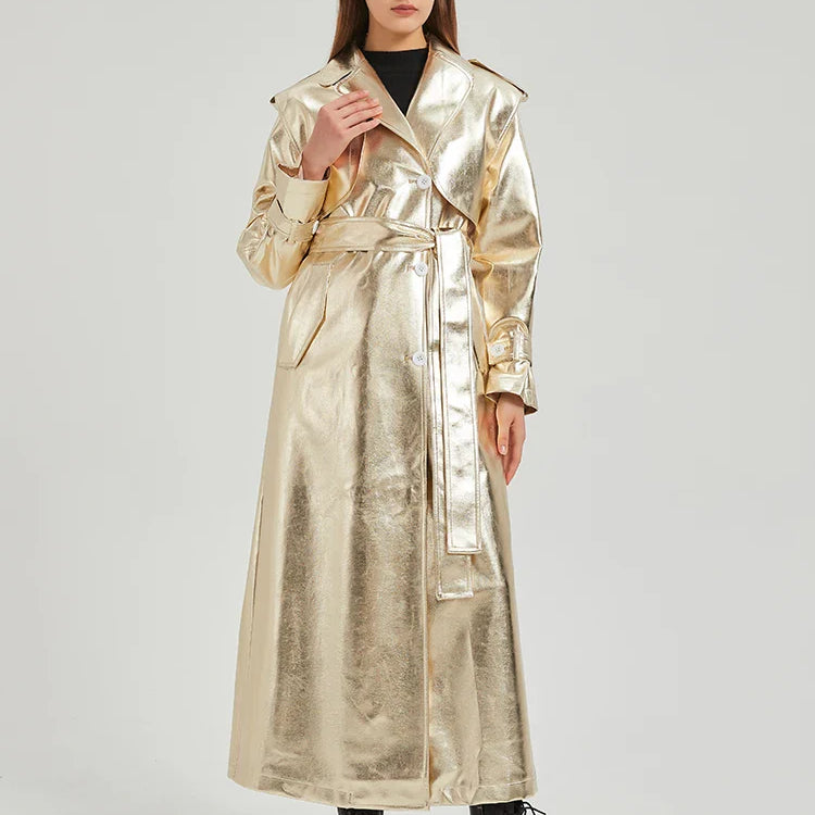 Autumn Extra Long Gold Shiny Patent Pu Leather Trench Coat for Women Single Breasted Luxury Designer Overcoat 2024