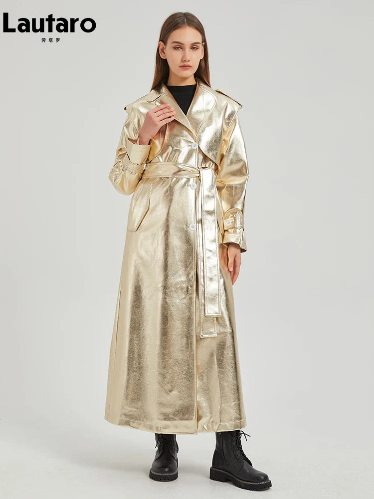 Autumn Extra Long Gold Shiny Patent Pu Leather Trench Coat for Women Single Breasted Luxury Designer Overcoat 2024