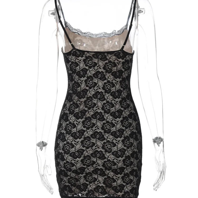Lace Spaghetti Strap Sexy Mini Dress For Women Robe Fashion Off-shoulder Sleeveless Backless Floral Print Skinny Dress