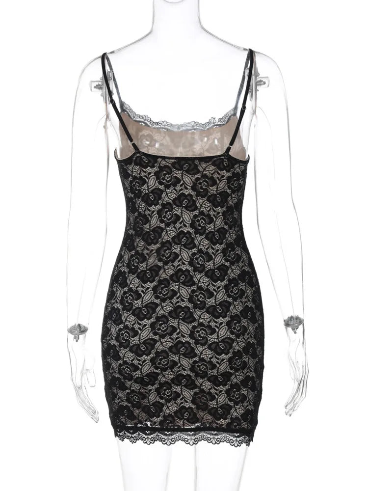 Lace Spaghetti Strap Sexy Mini Dress For Women Robe Fashion Off-shoulder Sleeveless Backless Floral Print Skinny Dress