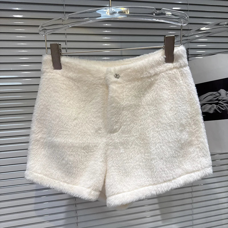 Winter New Elegant Fashion Rhinestone Buckle Faux Mink Fur Thickened Shorts For Women Solid Color Boot Pants 11A07520 Milky White