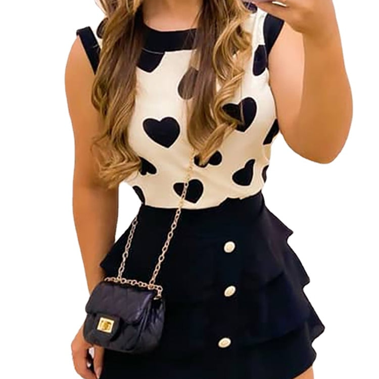 Women Print Heart Round Neck Top &amp; Skirt Set Women Dress Sets Black