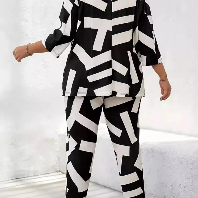 Plus Size Autumn Graffiti Print 2 Two Piece Set Women Long Sleeve Modis Ladies Blazer Suits Casual High Waist Woman Pencil Pants