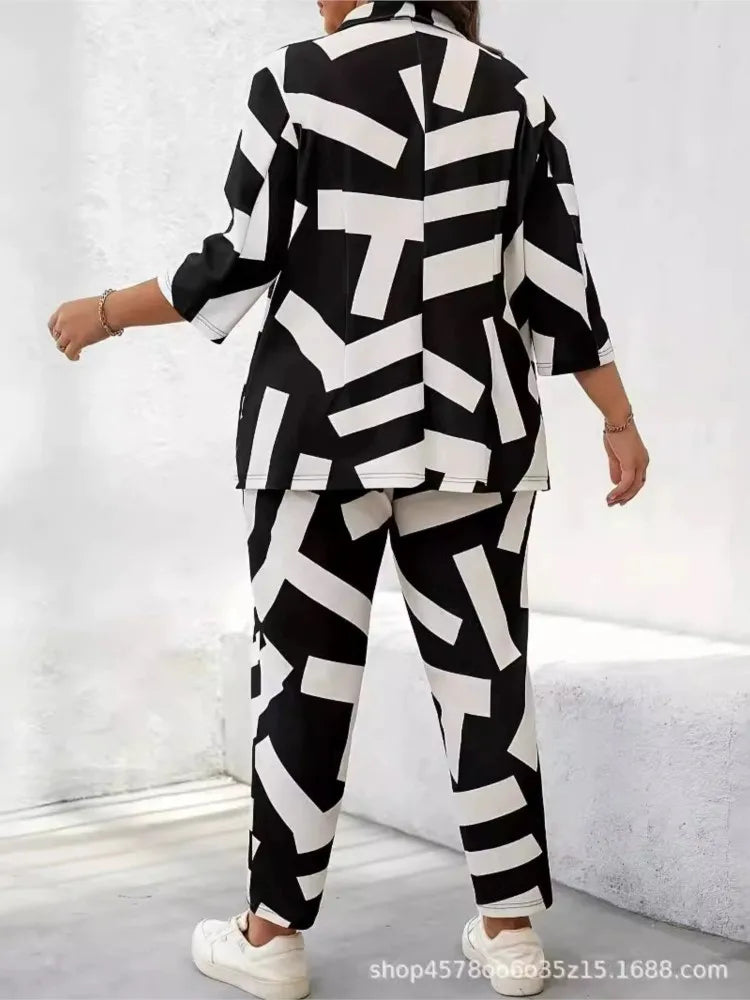 Plus Size Autumn Graffiti Print 2 Two Piece Set Women Long Sleeve Modis Ladies Blazer Suits Casual High Waist Woman Pencil Pants