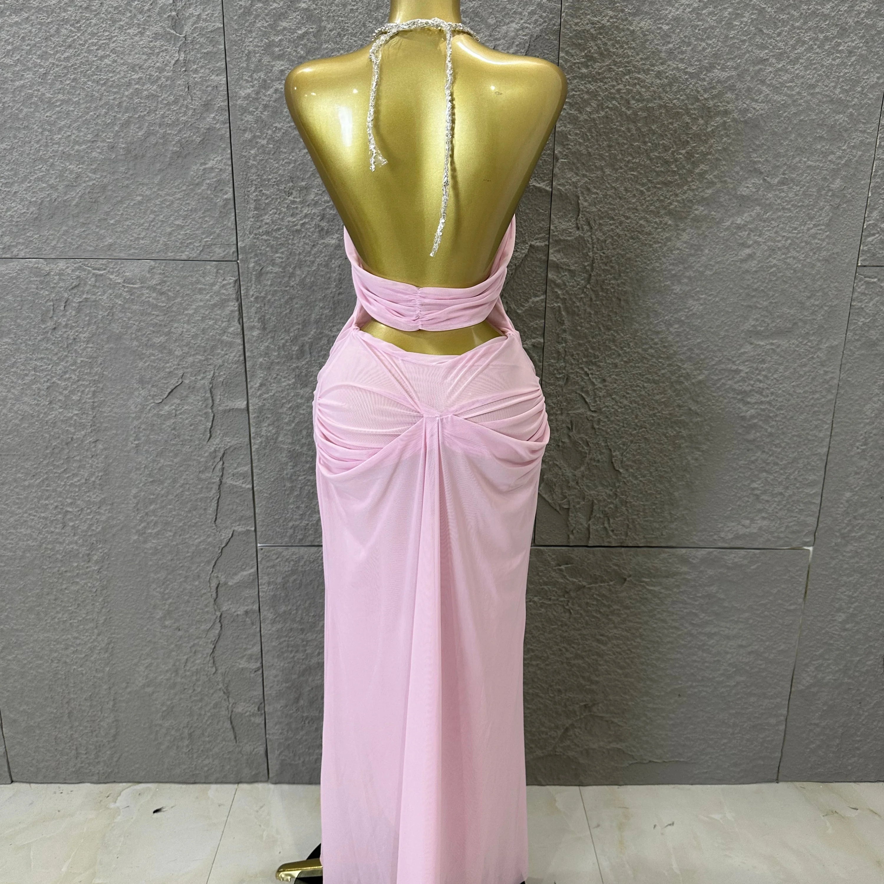 Sexy Halter Neck Maxi Dress Crystal Chain Cutout Ruched Women Sheer Mesh Form Outfit Glamorous Evening Gala Party Costume