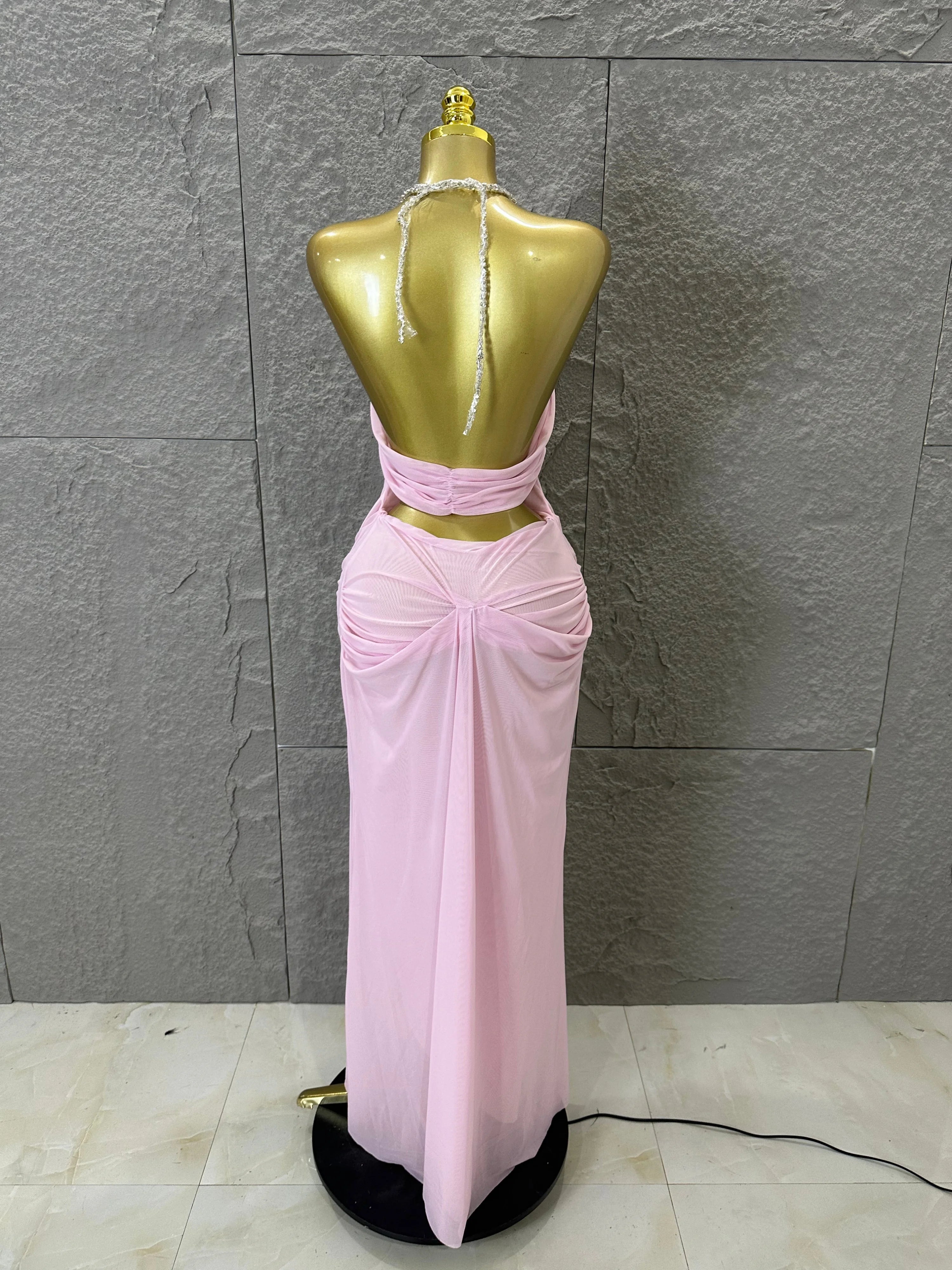 Sexy Halter Neck Maxi Dress Crystal Chain Cutout Ruched Women Sheer Mesh Form Outfit Glamorous Evening Gala Party Costume