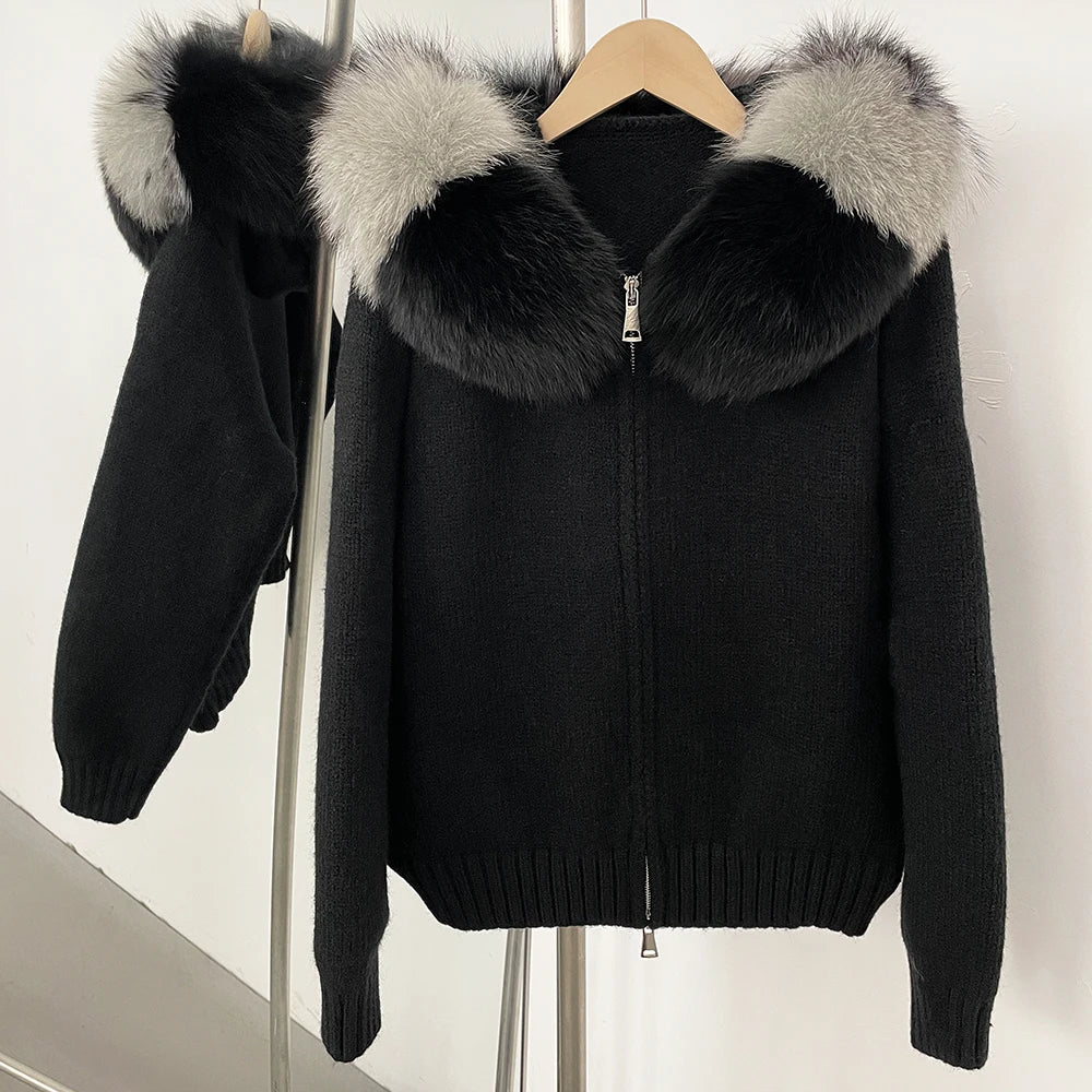 Coat Women Cardigan Natural Fox Fur Coat Women Real Mongolian Fur Knitwear Female Spring Autumn Hooded Knitted Fur Jacket Black pin2 fox One Size