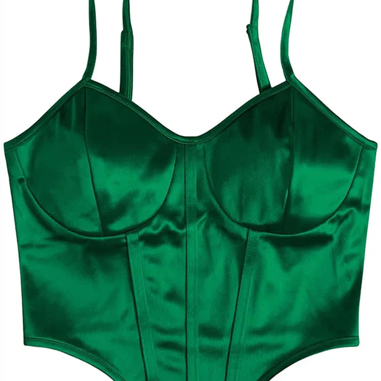 New Summer Women's Satin Sleeveless Chain Strap Crop Tops Tank Tops Bustier Clubwear Camisole Green