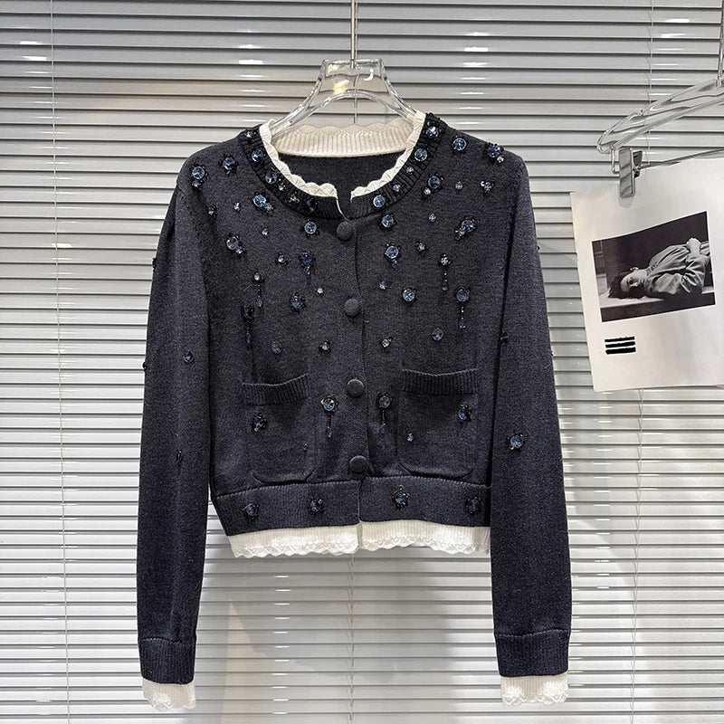 Winter New Fashion Beaded Rhinestone Contrast Color Lace Collar Knitted Cardigan Sweater For Women 11A07845 Dark Gray One Size