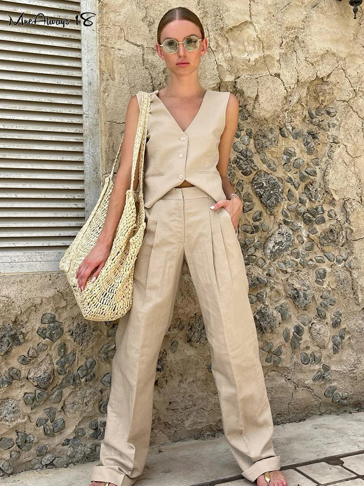 Mnealways18 Khaki Elegant Women 2 Pieces Sets Cotton Linen V-Neck Sleeveless Vest Outfit Summer Vacation Wide Leg Pant Sets 2023