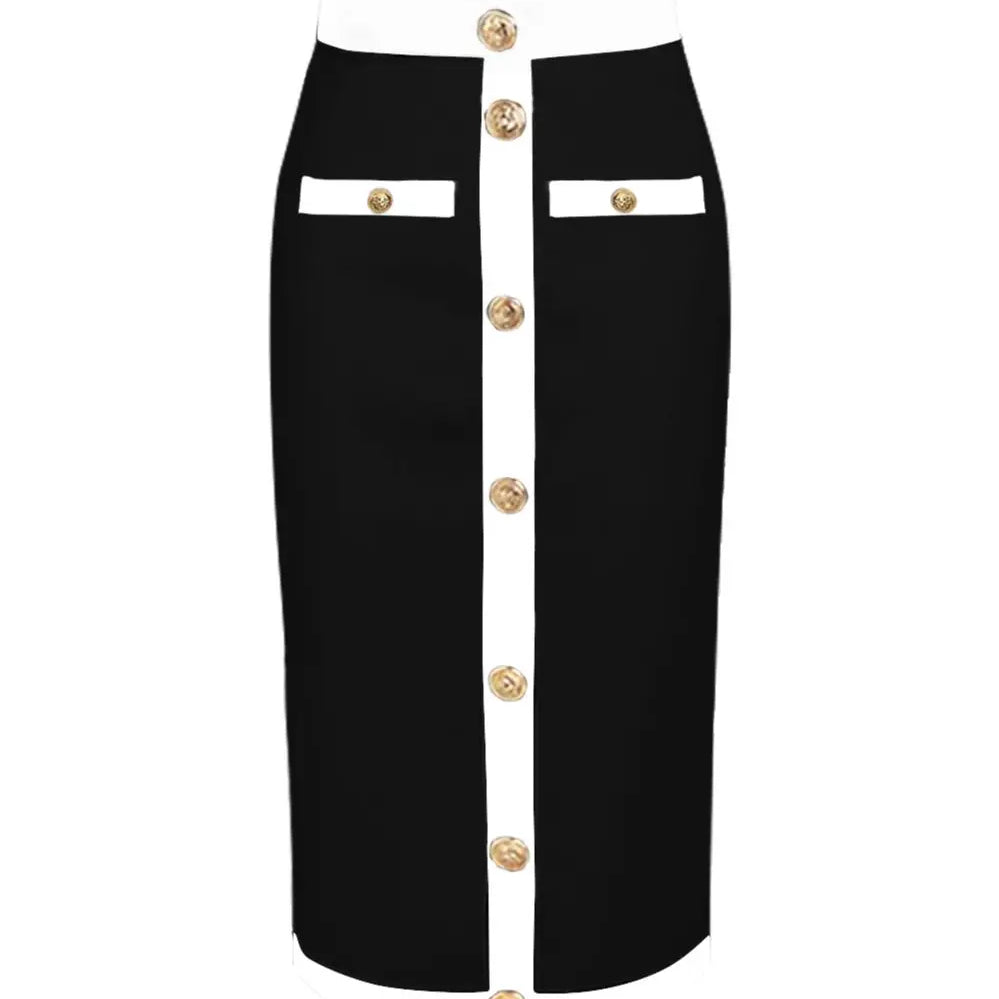 Newest Women Button Patchwork White Black Bodycon Bandage Skirt 2023 Designer High Waist Party Club Pencil Skirt 60cm black