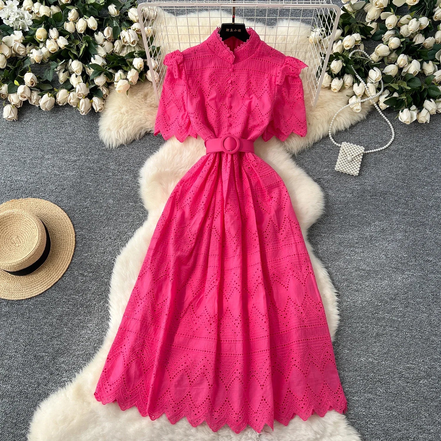French Vintage O-neck sashes Hook flower hollow Short Sleeves Single Breasted Dress A-line Casual Women Fashion women clothing Rose Red