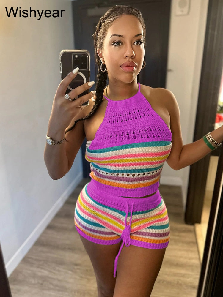 Wishyear Sexy Backless Halter Crop Top and Shorts Suit Two Piece Sets for Women Tracksuit Knitted Crochet Co Ord Summer Outfits Fuchsia
