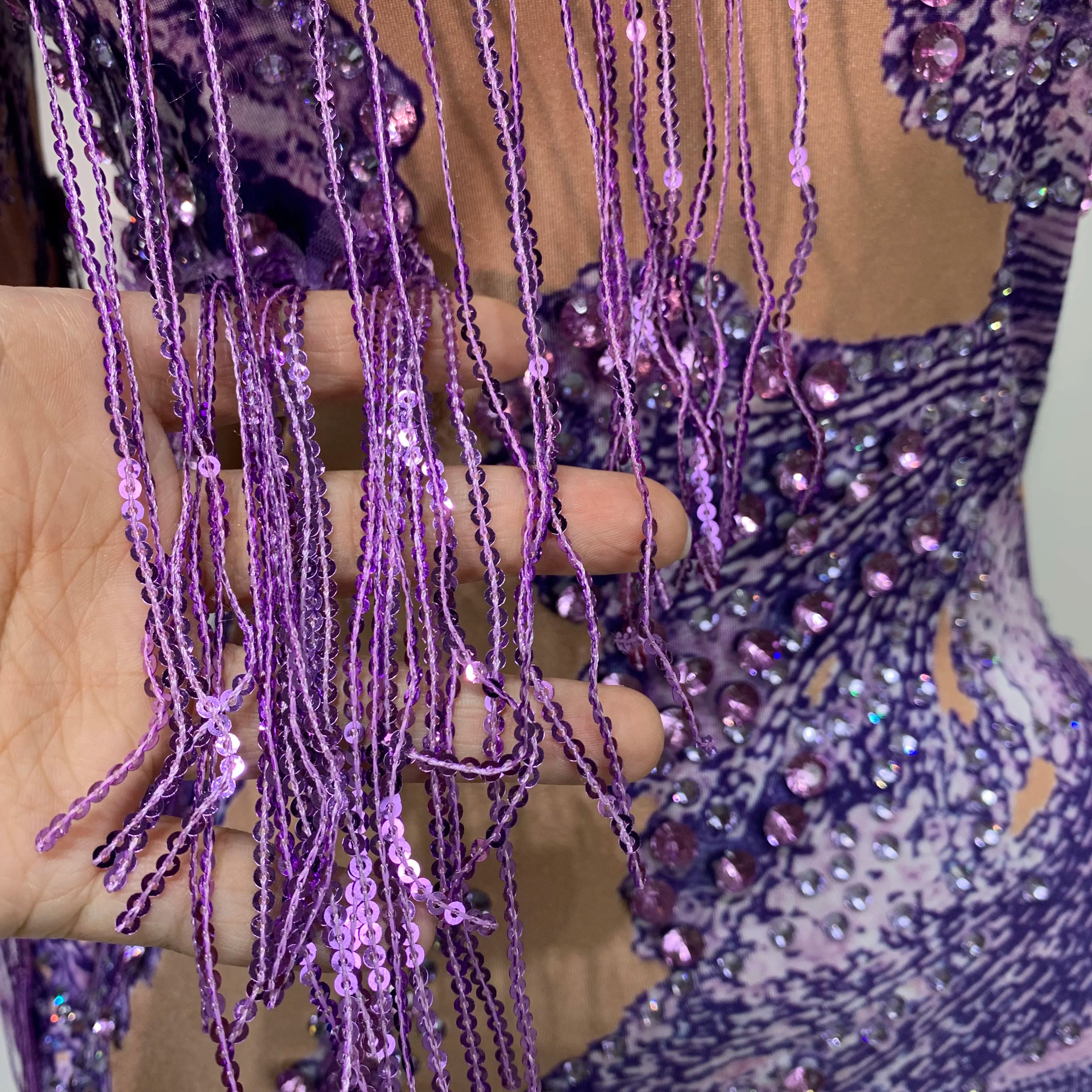 Sexy Sparkly Purple Rhinestones Tassel One Shoulder Sleeve Mini Dress Evening Party Birthday Nightclub Stage Performance Outfit