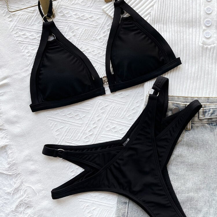 Sexy Solid Strapped Bikini High Cut Push UP Hollow Swimsuit - Swimwear Biquinis Backless Beach Bathing Suit