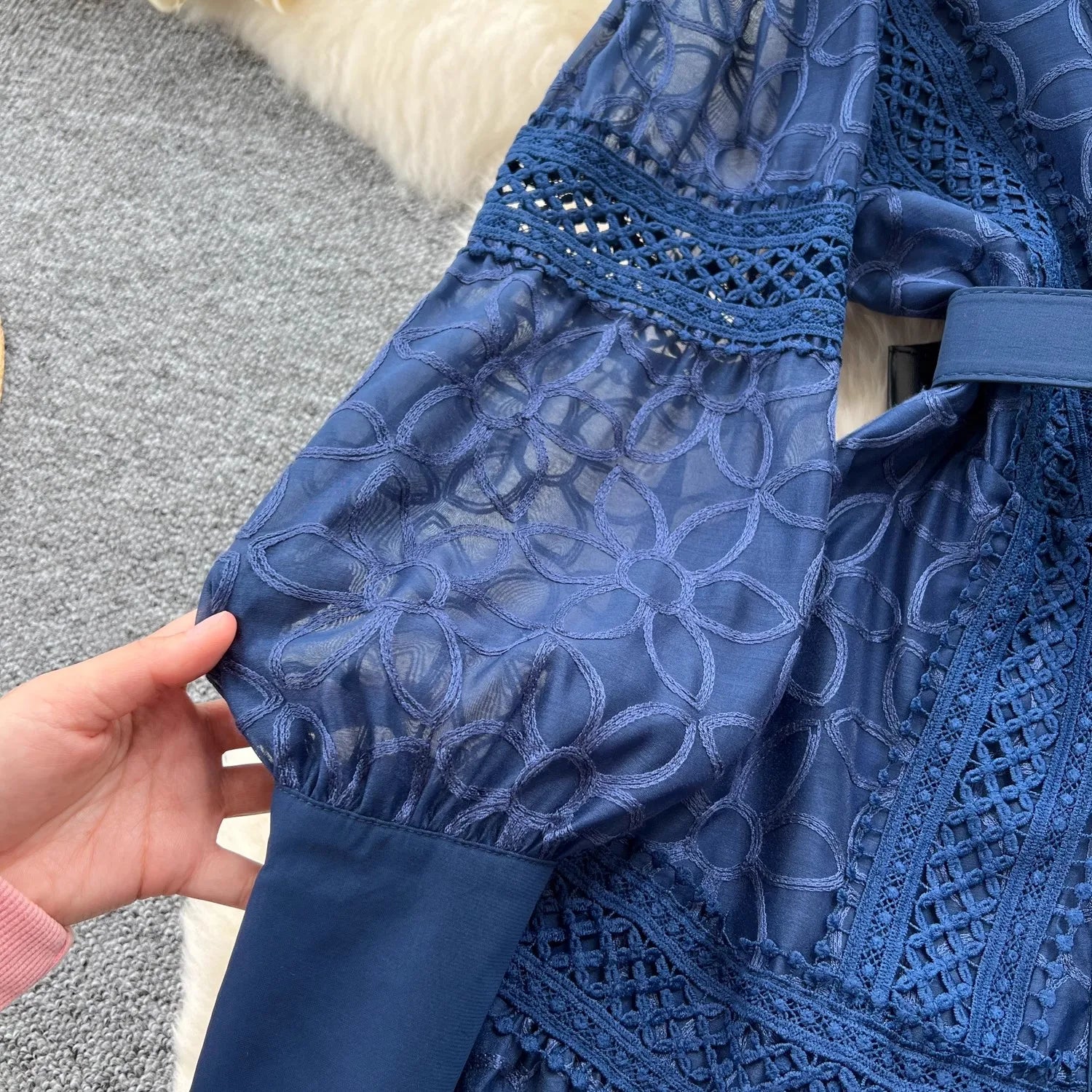 Autumn Elegant Hollow Out Spliced Lace Flower Embroidery Dress Women's Stand Collar Bandage Single Breasted Party Midi Vestidos