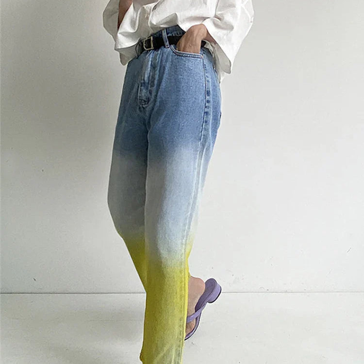 Fotvotee Jeans for Women Casual Gradient Denim Pants New Fashion High Waist Pockets Harem Pants Streetwear Ladies Y2k Jeans