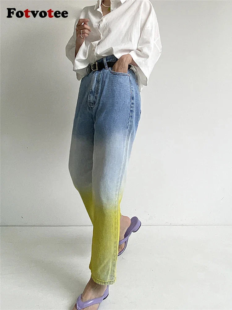 Fotvotee Jeans for Women Casual Gradient Denim Pants New Fashion High Waist Pockets Harem Pants Streetwear Ladies Y2k Jeans