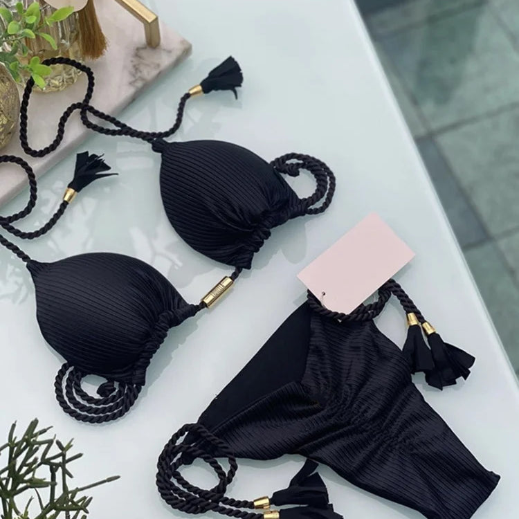 New Women Bikini Backless Rope Triangle Swimsuit Multicolor 8258