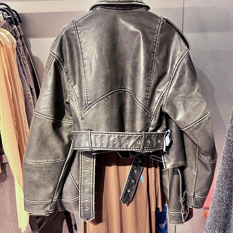 Lautaro-Women's Short Loose PU Leather Biker Jacket, Zipper , Retro Female Streetwear, European Fashion, Cool, Spring, Autumn,