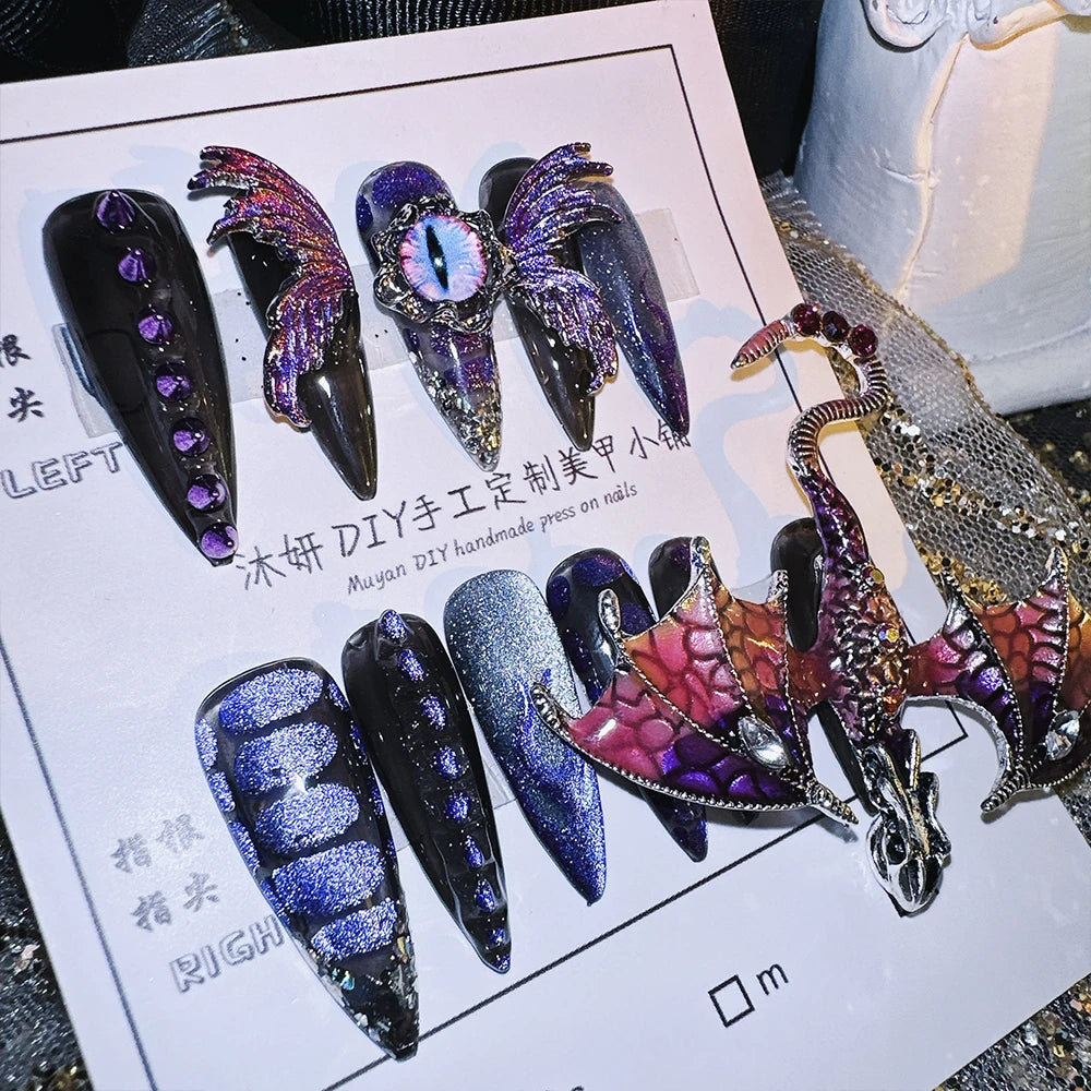 Handmade Press on Nails Heavy Industry Pure Hand-painted Purple Emperor Dragon Exaggerated Super Cool Spicy girl European Americ S