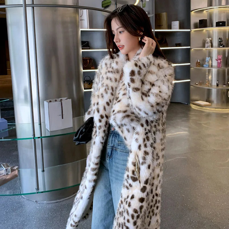 Korean Woven Lapel Ruffled Fur Trench Coat Fox Fur Raccoon Fur Imitation Fur Coat Winter Warm Jacket Leopard print