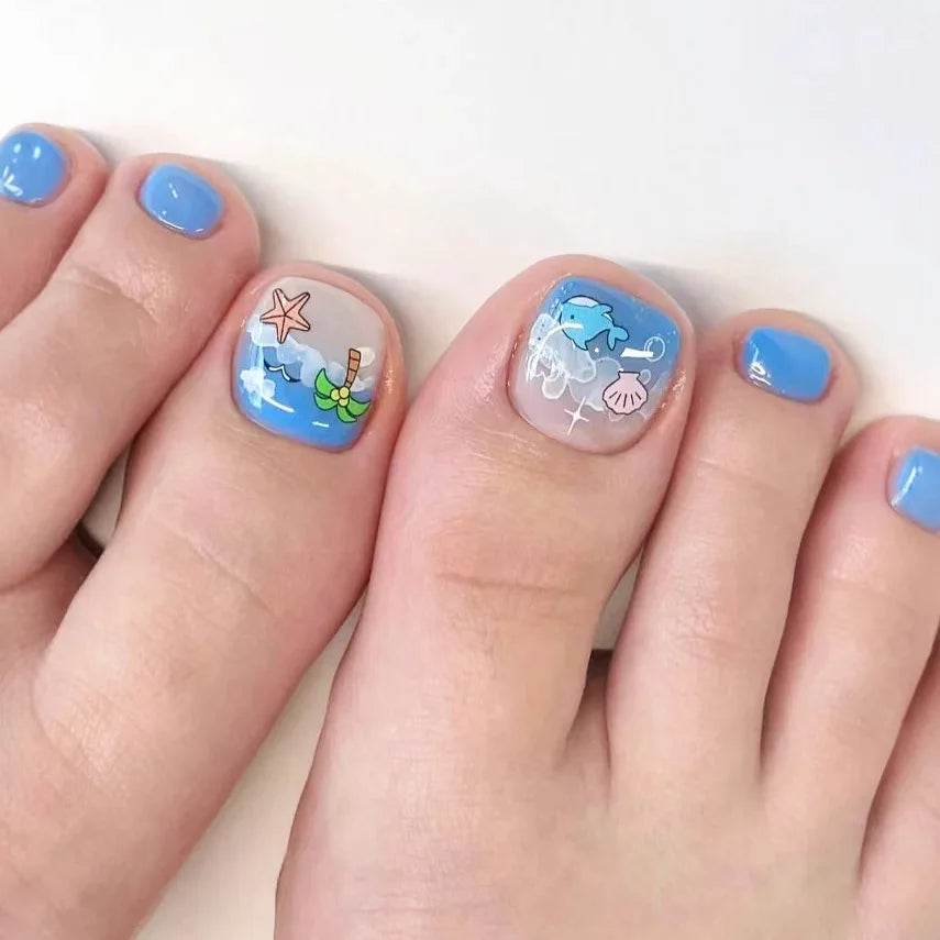 24pcs Summer Beach False Toenails Blue French Square Fake Toenails Wearable Coconut Trees Shell Print Press on Nails for Toe