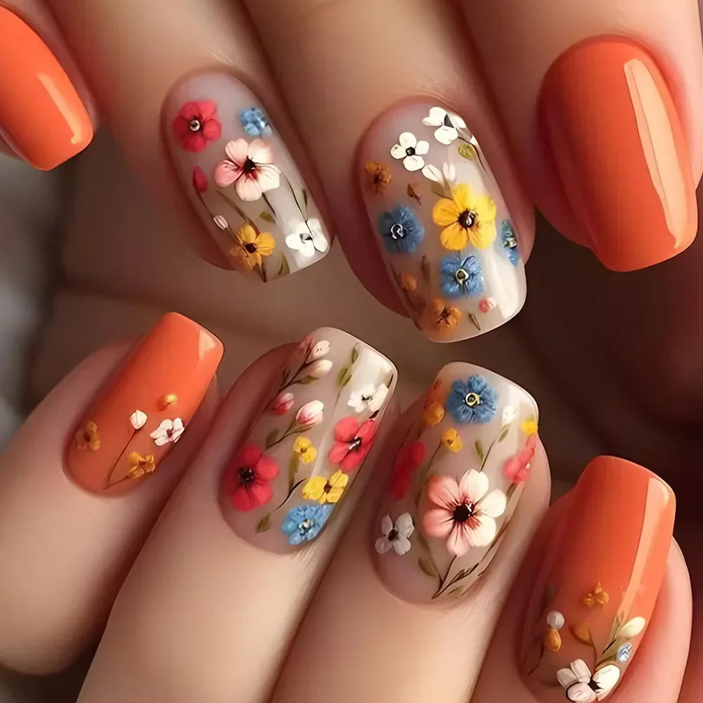 24Pcs Sweet Floral Short Square False Nails with Glue Solid Color Press on Acrylic Nails Simple French Full Cover Fake Nail Tips 3