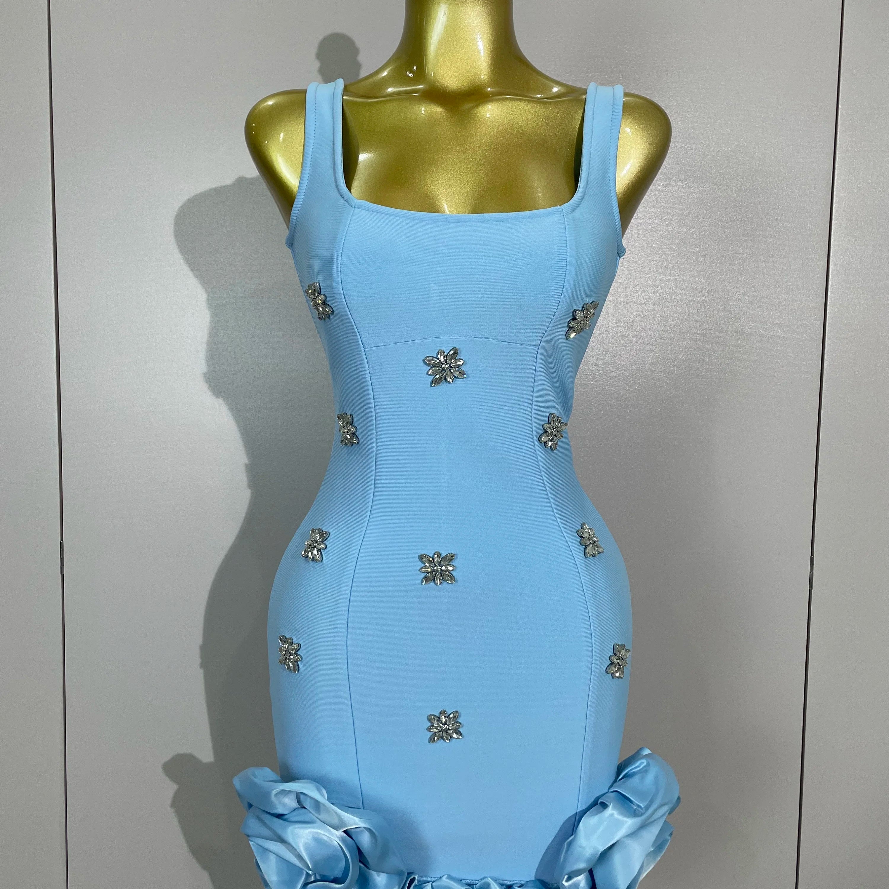2025 New STyle Shining Crystal Women Sleeveless Bodycon Mini Bandage Dress Elegant Ruffles Cute Birthday Party Celebrate Dress SKY BLUE