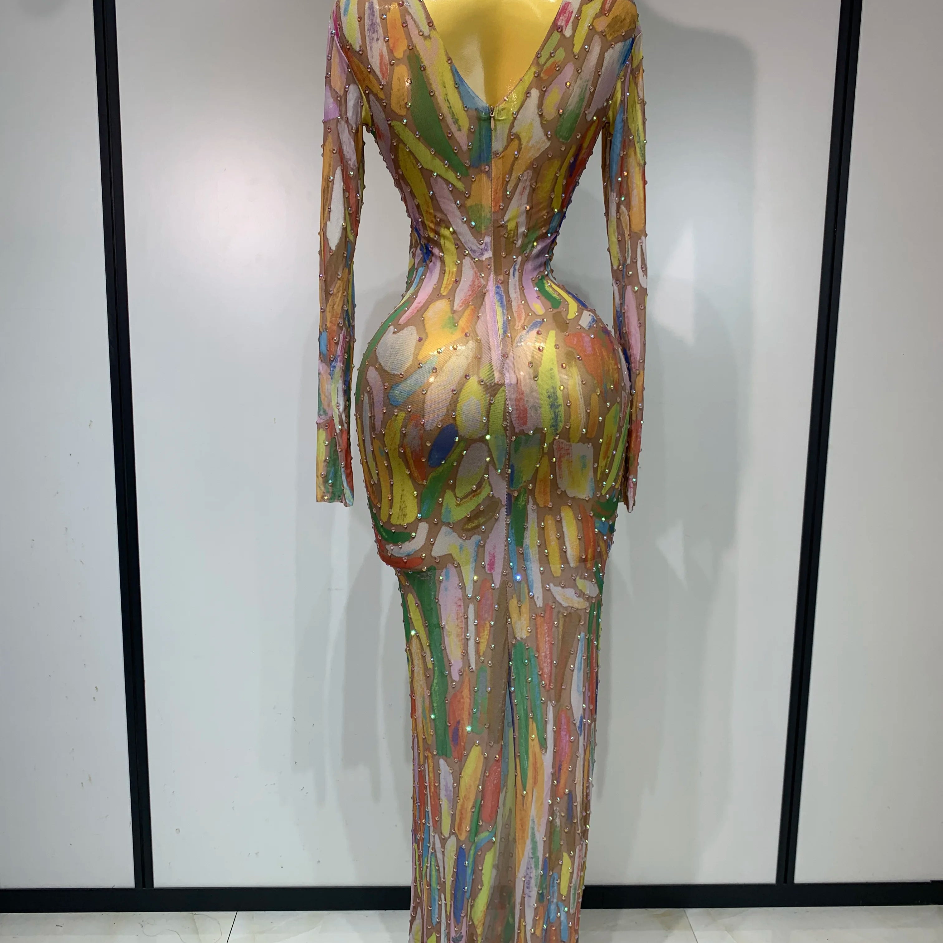 Sparkly Rhinestone Stretchy Mesh See Through Jumpsuit Women Performance Dancer Costume Rompers Party Nightclub Stage Outfit