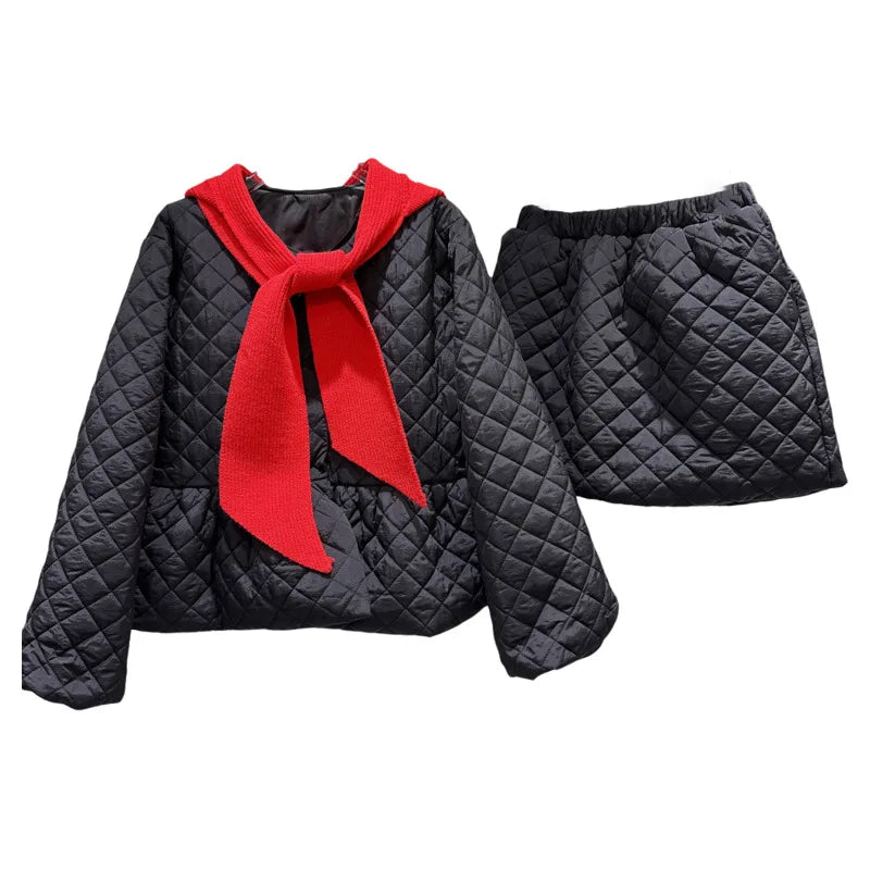 Winter New Temperament Knitted Hooded Scarf Cotton Padded Jacket Elastic Waist Short Skirt Set For Women 11A07798