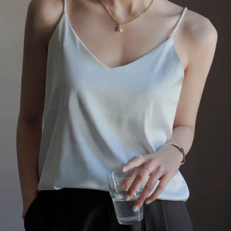Grey Camisoles for Women Acetate SATIN Loose Summer Spaghetti Strap Tank Top Solid V-neck Fashion Sexy Backless Tanks & Camis White