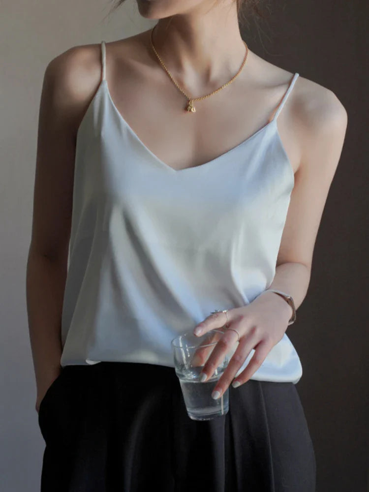 Grey Camisoles for Women Acetate SATIN Loose Summer Spaghetti Strap Tank Top Solid V-neck Fashion Sexy Backless Tanks & Camis White