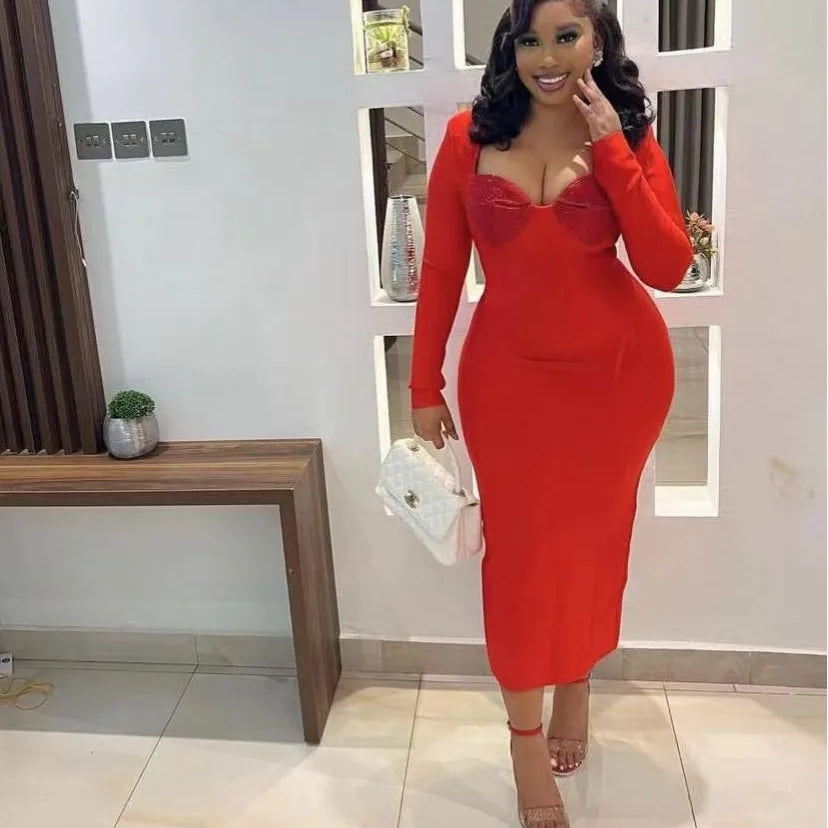 Black Red Color Women Long Sleeve Sexy Square Collar Rhinestones Bodycon Bandage Long Dress Nightclub Party Celebrate Dress