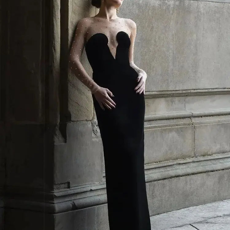 Ailigou New Women's Formal Evening Dress Wearing Sexy Mesh Long sleeved Patch Black Velvet Beaded Evening Dress