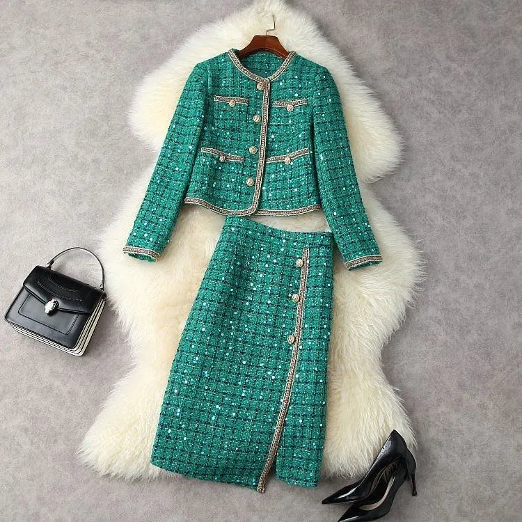 Women Elegant Vintage Tweed Fragrant Suit Jacke Coat Top And Skirt Two Piece Set Green Outfit Winter Jacquard Party Clothing Picture 2