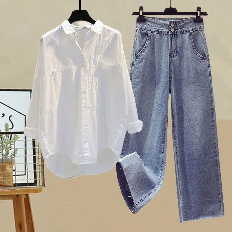 Spring and Autumn Set Women's 2024 New Korean Fashion Casual Sunscreen Shirt Tank Top Slim Jeans Three Piece Set Two-piece suit 02