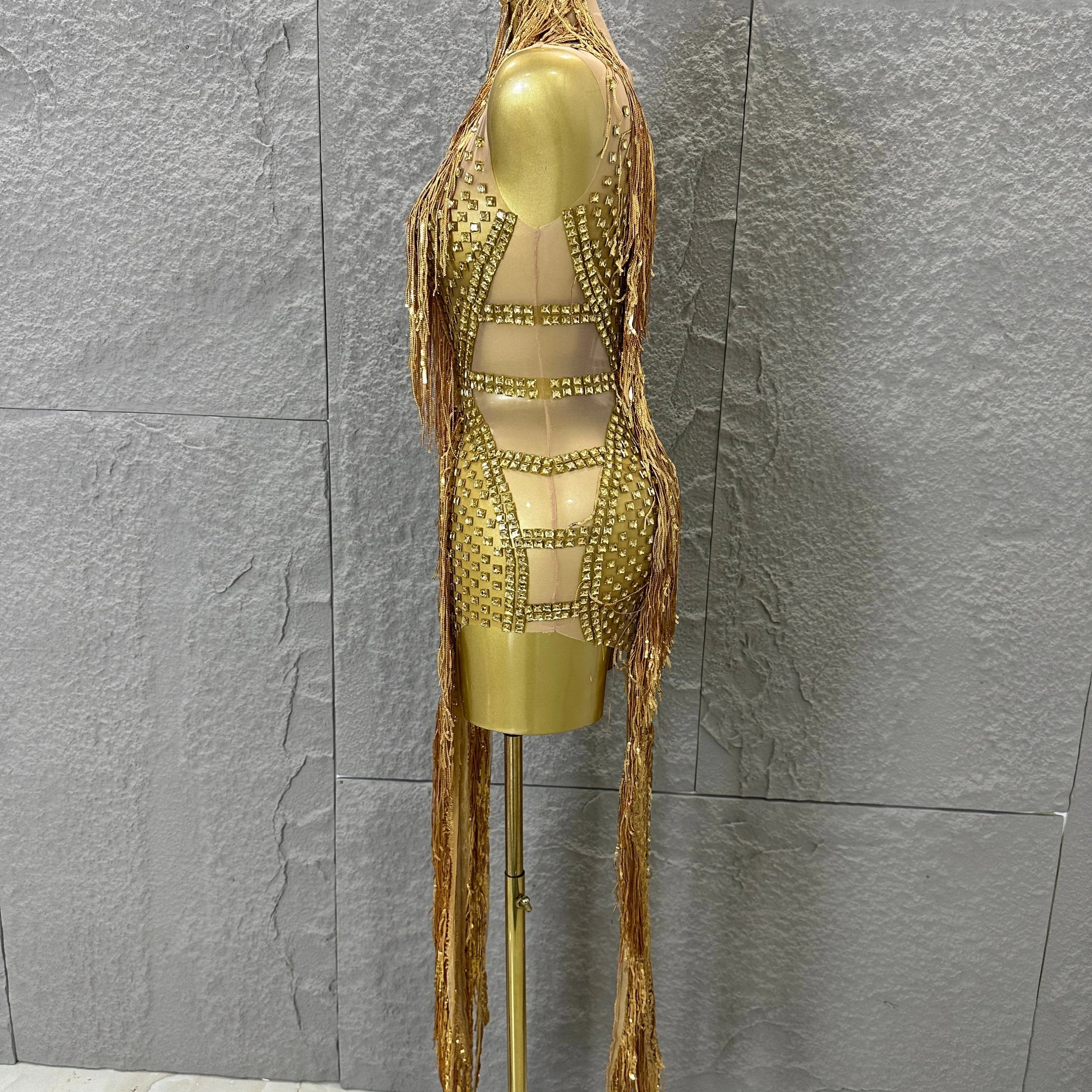 Opulent Gold Halter Neck Mini Dress Women Sexy Crystal Embellished Fringe Trim Form-Fitting Outfit Formal Event Party Costume
