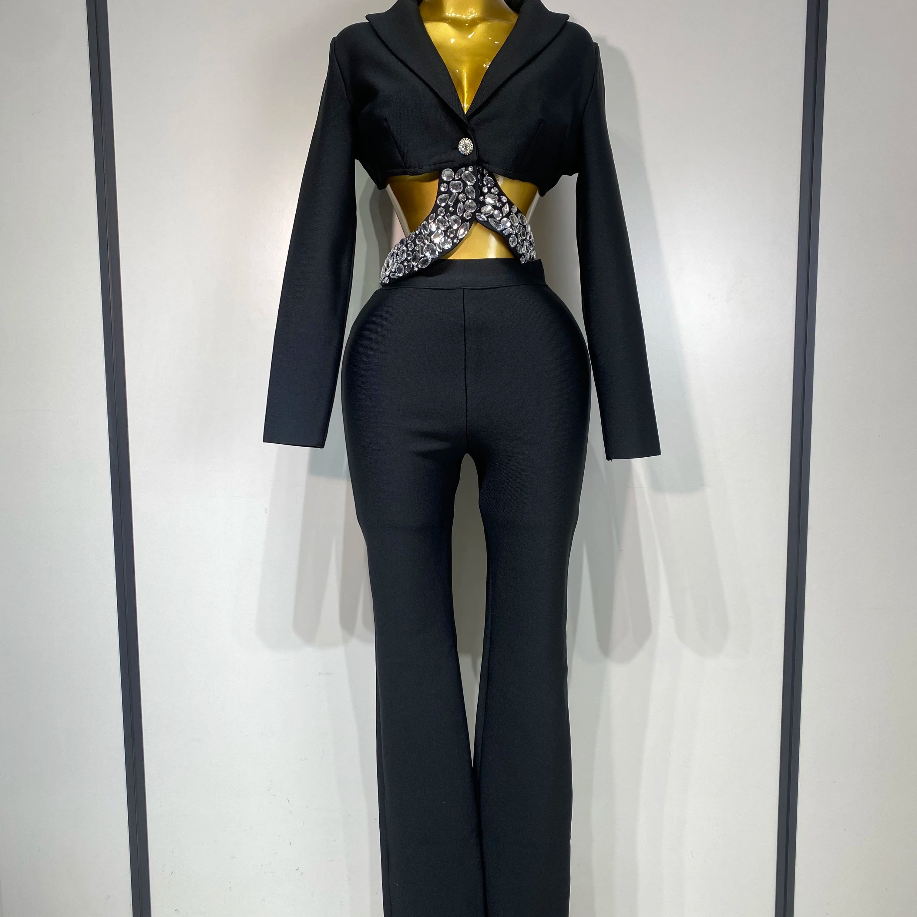 Women Sexy Cut Out Long Sleeve Beading Bodycon Two Pieces Pants Bandage Set Celebrity Designer Fashion Women Luxury Birthday Set