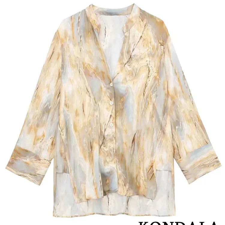 KONDALA Vintage Tie Dye Print Women Suit V-Neck Long Sleeve V Neck Shirts+High Waist Straight Loose Pants Fashion Sets Blouse