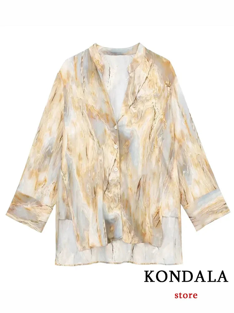 KONDALA Vintage Tie Dye Print Women Suit V-Neck Long Sleeve V Neck Shirts+High Waist Straight Loose Pants Fashion Sets Blouse