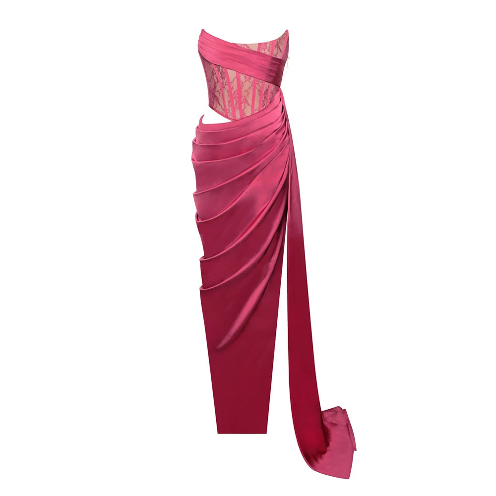 Cocktail Party Dress Women Sexy High Split Evening Clubwear Strapless Lace Patchwork Satin Long Dress Vestidos Red